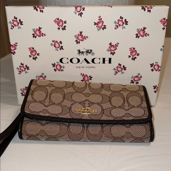 Coach Tan and Brown Signature Wristlet - Picture 1 of 4